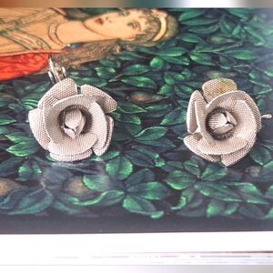 2/$20 Coro Silver mesh rose clip-on  earrings
